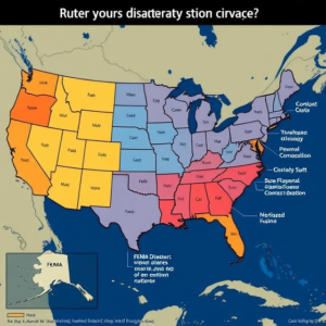 A map showing regions affected by natural disasters like Hurricane Helene and California wildfires, with FEMA’s role indicated.