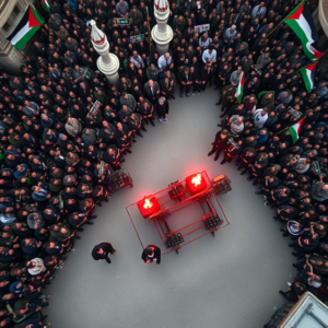 Aerial view of Hamas’s military parade in Gaza City with crowds, weaponry, and speeches by leaders