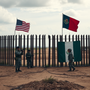 A divided U.S.-Mexico border, representing the ongoing tension between security measures and humanitarian concerns.