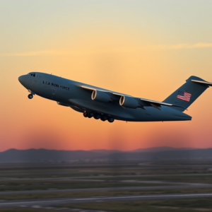 U.S. Air Force C-17 Globemaster III aircraft in flight, symbolizing military-led deportations.