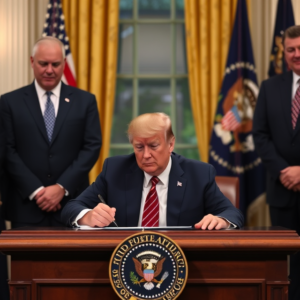 President Donald Trump signing the national emergency declaration, enhancing immigration enforcement efforts.