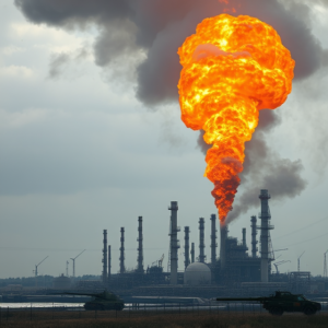 Explosion and smoke from a Ukrainian drone strike on Ryazan Oil Refinery, damaging key infrastructure