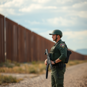 U.S. border patrol agent monitoring heightened security measures at the southern border.