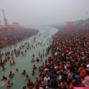 A vast crowd of devotees at the Maha Kumbh Mela 2025 in Prayagraj, gathering for the holy dip at the confluence of sacred rivers.