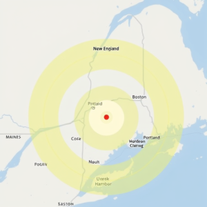 Map of New England showing the 3.8 magnitude earthquake's epicenter near York Harbor, Maine, and the affected regions
