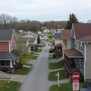 Illustration of a New England neighborhood with homes trembling during a 3.8 magnitude earthquake.
