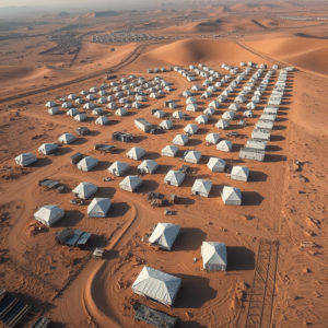 A vast aerial view of al-Hol camp in northeastern Syria, showing rows of tents in a barren desert landscape with a cloudy sky, symbolizing the scale of the refugee crisis