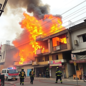 Firefighters battling a major fire at the Khadakpada furniture market in Goregaon East, Mumbai, with plumes of smoke rising from the blaze.