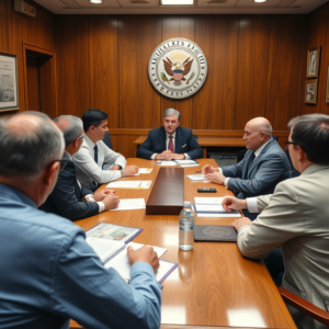 Government officials discussing the impact of federal funding policies in a budget meeting.