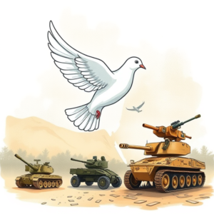 Peace dove over the Middle East juxtaposed with military equipment, highlighting the challenge of stability