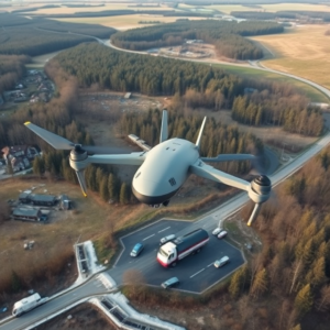 Ukrainian drone flying over Russian territory, representing deep strikes and military operations.