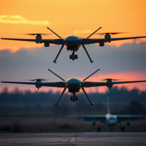 Ukrainian drone launching into the sky at sunset, marking the growing role of unmanned aerial systems in modern warfare.
