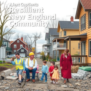 Conceptual image of a resilient New England community prepared for future earthquakes with safety measures in place.