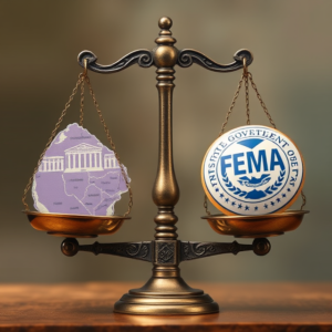 A scale weighing the benefits and challenges of shifting disaster management responsibility from FEMA to state governments.