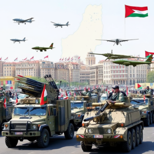 Hamas’s military parade displaying rockets, drones, and armored vehicles with Gaza City in the background