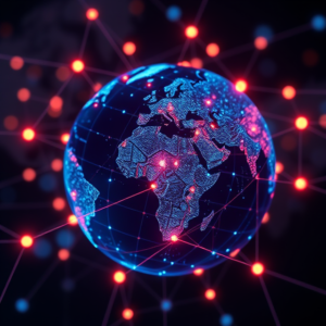 A conceptual image of a globe interconnected by glowing AI networks, symbolizing global innovation and disruption in the tech industry.