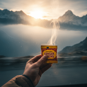 Hand holding ginger chews packet on a scenic mountain bus window, misty Himalayas outside, steam on glass, golden morning light