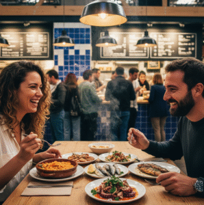 A foodie couple at Lisbon's Time Out Market sampling fresh seafood, vibrant market atmosphere with tiled walls and crowds, photorealistic 4K capturing joy and steam from dishes.
