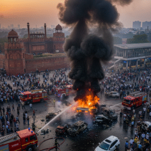 Aerial view of smoking wreckage from car blast near Red Fort Metro, damaged vehicles and fire trucks, chaotic crowd in background, dramatic 4K with evening Delhi skyline.