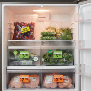 Close-up of a fridge stocked with frozen berries, spinach, and marked-down chicken price tags visible, warm kitchen light, steam from open freezer.