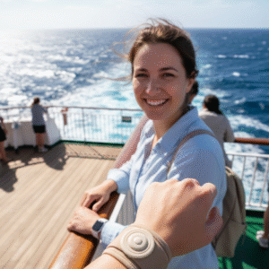Wrist with Sea-Band acupressure device, ferry deck background, ocean waves, traveler smiling, bright daylight