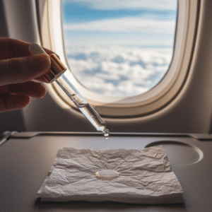 Close-up of peppermint oil dropper on tissue, airplane tray table, clouds visible through window, soft cabin light