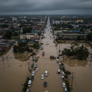 Aerial drone view of flooded Cebu streets with cars piled up and uprooted trees after Typhoon Kalmaegi, muddy waters receding, dramatic 4K with stormy skies.